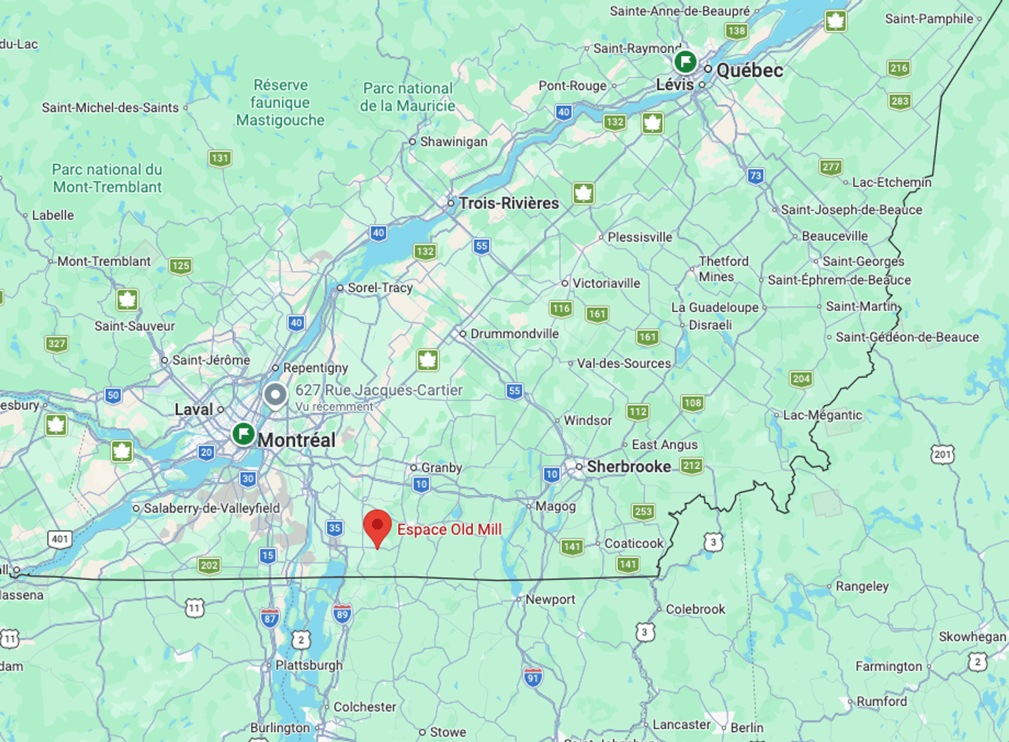 Carte géographique positionnant l'Espace Old Mill par rapport à Montréal, Québec et Burlington